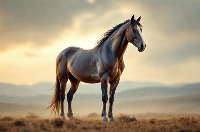 Primary subject: A brown horse standing in a field.

Setting/background: The horse is standing in a field with mountains in the background.

Visual style: The image is a photo of the horse in the field.

Colors and mood: The horse is brown, and the overall atmosphere is calm and serene.