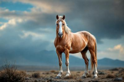 Primary subject: A brown horse standing in a field.

Setting/background: The horse is standing in a field with mountains in the background.

Visual style: The image is a photo of the horse.

Colors and mood: The horse is brown, and the overall atmosphere is calm and serene.
