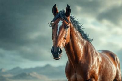 Primary subject: A brown and white horse with a long mane.

Setting/background: The horse is standing in a field with mountains in the background.

Visual style: The image is a digital art or illustration of the horse.

Colors and mood: The horse has a brown and white color pattern, and the overall atmosphere is calm and serene.