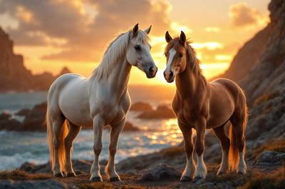 Primary subject: Two horses standing next to each other.

Setting/background: The horses are standing on a rocky beach near the ocean.

Visual style: The image is a photo of the two horses.

Colors and mood: The scene is set during sunset, creating a warm and serene atmosphere.