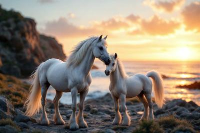 The primary subject of the image is a white horse standing next to another white horse. The setting is a beach, with the ocean in the background. The visual style is a photo, capturing the two horses in their natural environment. The colors and mood of the image are serene and peaceful, as the horses are seen enjoying their time together by the water.