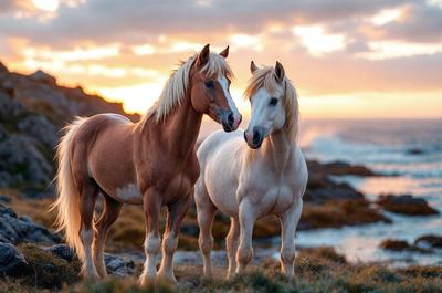 Primary subject: Two horses standing next to each other.

Setting/background: The horses are standing on a grassy hillside, with a beautiful sunset in the background.

Visual style: The image is a photo of the two horses.

Colors and mood: The colors in the image are warm and vibrant, with the sunset creating a serene and peaceful atmosphere.