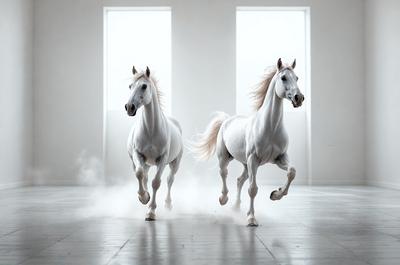 Primary subject: Two white horses running side by side.

Setting/background: A white room with two windows.

Visual style: Digital art.

Colors and mood: The image is in black and white, giving it a classic and timeless feel.