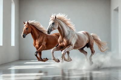 Primary subject: Two horses running side by side.

Setting/background: A white wall serves as the backdrop for the scene.

Visual style: The image is a digital artwork.

Colors and mood: The image is in black and white, giving it a classic and timeless feel.