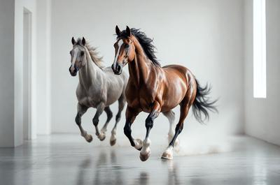 The primary subject of the image is a brown horse with a white streak on its face, running across a white surface. The horse appears to be galloping, with its head held high and its mane flowing behind it. The setting is a white room, which provides a clean and minimalist backdrop for the horse's movement. The visual style of the image is a combination of photo and digital art, creating a dynamic and captivating scene. The colors in the image are predominantly white and brown, with the