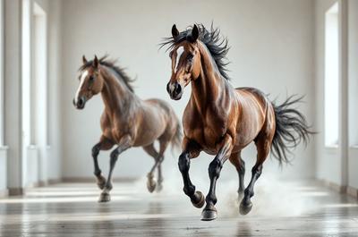 Primary subject: Two brown horses running side by side.

Setting/background: A white wall serves as the backdrop for the scene.

Visual style: The image is a photo of the two horses.

Colors and mood: The dominant colors are brown and white, with a sense of motion and energy.