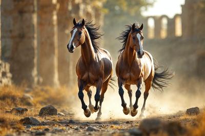 Primary subject: Two brown horses running in a dirt field.

Setting/background: The horses are running in a dirt field with a rocky surface.

Visual style: The image is a photo of the two horses in motion.

Colors and mood: The image has a warm and natural color palette, with the brown horses and the dirt field creating a sense of movement and energy.