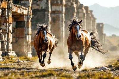 Primary subject: Two brown horses running on a dirt road.

Setting/background: The horses are running on a dirt road, with a rock wall in the background.

Visual style: The image is a photo of the two horses running.

Colors and mood: The image has a warm and dynamic color palette, with the brown horses and the dirt road creating a sense of motion and energy.