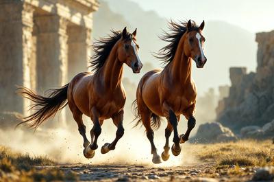 Primary subject: Two brown horses running together.

Setting/background: A dirt road with a mountain in the background.

Visual style: A photo of the two horses running.

Colors and mood: The horses are brown, and the overall atmosphere is energetic and dynamic.