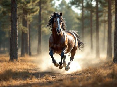 Primary subject: A brown horse running through a forest.

Setting/background: The horse is running through a forest with trees in the background.

Visual style: The image is a photo of the horse running through the forest.

Colors and mood: The image has a warm and natural color palette, with the brown horse and the green forest creating a sense of movement and freedom.