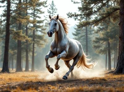 Primary subject: A white horse running through a forest.

Setting/background: The horse is running through a forest with trees and grass around it.

Visual style: The image is a photo of the horse in motion.

Colors and mood: The photo has a sepia tone, giving it a warm and nostalgic atmosphere.