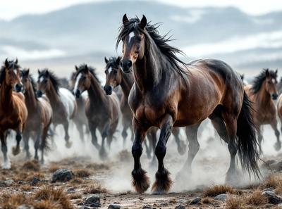 Primary subject: A brown horse with a black mane and tail, running through a field.

Setting/background: The horse is running through a field with a mountain in the background.

Visual style: The image is a photo of the horse in motion.

Colors and mood: The dominant colors are brown and black, with a sense of motion and energy.