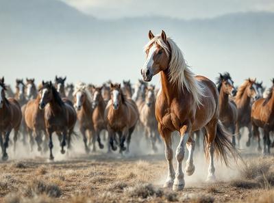 Primary subject: A brown horse with blonde hair running through a field.

Setting/background: The horse is running through a field with a mountain in the background.

Visual style: The image is a photo of the horse in motion.

Colors and mood: The dominant colors are brown and blonde, with a sense of motion and energy.