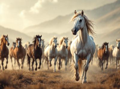 Primary subject: A white horse running in a field.

Setting/background: The horse is running in a field with mountains in the background.

Visual style: The image is a photo of the horse running in the field.

Colors and mood: The image has a warm and natural color palette, with the white horse standing out against the backdrop of the field and mountains.