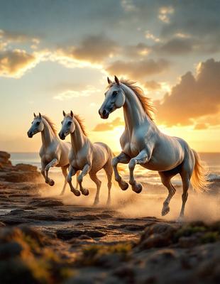 Primary subject: Four white horses running on a beach.

Setting/background: The horses are running on a sandy beach near the ocean.

Visual style: The image is a digital artwork.

Colors and mood: The colors are predominantly white, with some shades of brown and blue from the sand, water, and sky. The overall atmosphere is energetic and dynamic, as the horses are captured in motion.