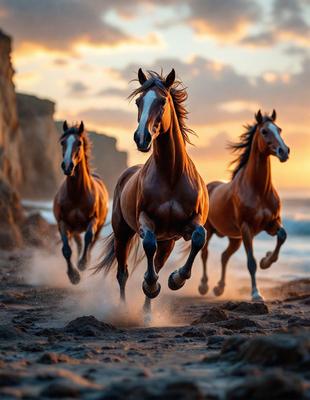 Primary subject: Three horses running on the beach.

Setting/background: The beach, with sand and water visible.

Visual style: The image is a photo of the horses running on the beach.

Colors and mood: The image has a warm and vibrant color palette, with the horses' coats and the beach's natural colors creating a lively atmosphere.