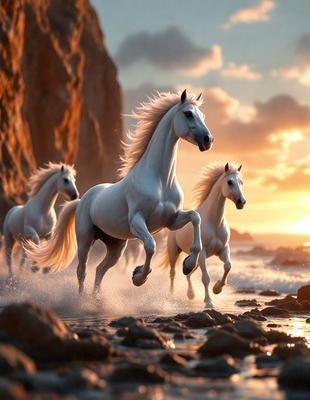 Primary subject: White horse running on the beach.
Setting/background: A rocky cliff overlooking the ocean.
Visual style: Digital art.
Colors and mood: The image is in color, with a warm and serene atmosphere.