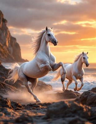 Primary subject: Two white horses running on the beach.

Setting/background: The beach is the main setting, with the ocean in the background.

Visual style: The image is a digital artwork, featuring two white horses running on the beach.

Colors and mood: The image has a warm and vibrant color palette, with the white horses contrasting against the beach and ocean backdrop. The overall atmosphere is energetic and dynamic, as the horses run freely along the shoreline.