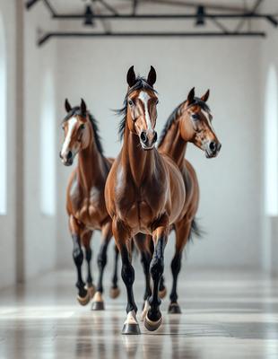 Primary subject: Three brown horses walking down a hallway.

Setting/background: The horses are walking down a hallway, possibly in a building or a stable.

Visual style: The image is a black and white photo.

Colors and mood: The dominant colors are brown and black, creating a moody atmosphere.