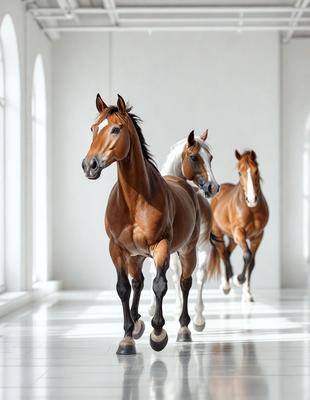 The primary subject of the image is a group of three horses walking down a hallway. The setting is a white room, which serves as the background for the scene. The visual style of the image is a photo, capturing the horses in their natural environment. The colors in the image are predominantly white, giving the scene a clean and minimalistic appearance. The mood of the image is calm and serene, as the horses move gracefully through the hallway.