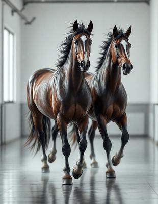 The primary subject of the image is a pair of brown horses. They are walking down a hallway, with one horse on the left and the other on the right. The setting is an indoor environment, possibly a stable or a building with a hallway. The visual style of the image is a black and white photo, which adds a classic and timeless feel to the scene. The colors and mood of the image are predominantly dark, with the horses being the main focus and the hallway providing a sense of depth and dimension