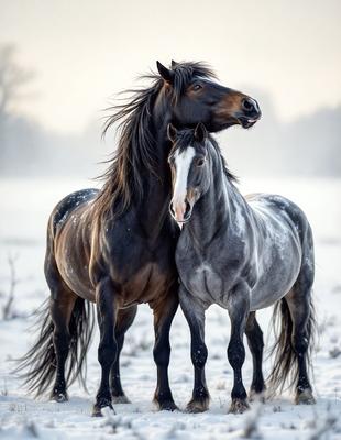 The primary subject of the image is a pair of horses standing close to each other in a snowy field. The setting is a winter landscape with snow covering the ground. The visual style of the image is a photo, capturing the horses in their natural environment. The colors and mood of the image are predominantly white and cold, reflecting the wintry atmosphere.