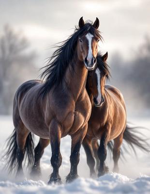 The primary subject of the image is a pair of brown horses standing in the snow. They are positioned close to each other, with one horse on the left and the other on the right. The setting is a snowy environment, and the visual style appears to be a photo. The colors in the image are predominantly brown and white, with the snow adding a touch of white to the scene. The overall atmosphere is serene and captures the beauty of the horses in their natural surroundings.