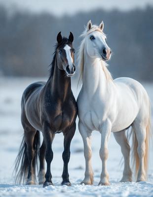 The primary subject of the image is a pair of horses standing next to each other in a snowy environment. The setting is a snow-covered field, and the visual style appears to be a photo. The horses are the main focus of the image, and their presence in the snowy landscape creates a serene and peaceful atmosphere.