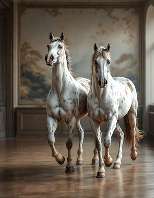 The primary subject of the image is two horses standing next to each other in a room. The setting appears to be a room with a wall, and the visual style is a painting. The colors and mood of the painting are predominantly white, giving the scene a clean and serene atmosphere.