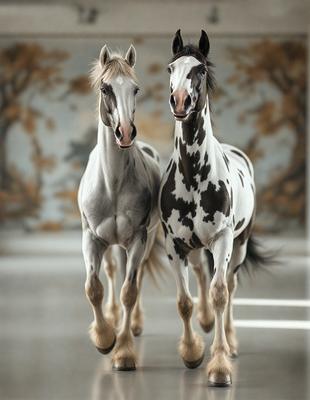 The primary subject of the image is a pair of horses standing next to each other. They are positioned in front of a wall with a painting on it, which serves as the setting or background of the scene. The visual style of the image is a photo, capturing the horses in their natural environment. The colors and mood of the image are predominantly black and white, giving it a classic and timeless appearance.