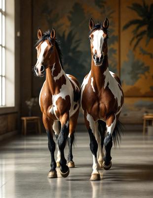 The primary subject of the image is two brown and white horses standing next to each other. They are positioned in a room with a painting in the background. The setting appears to be a room with a chair and a dining table. The visual style of the image is a photo, capturing the horses in their natural environment. The colors and mood of the image are warm and inviting, with the horses being the main focus of the scene.