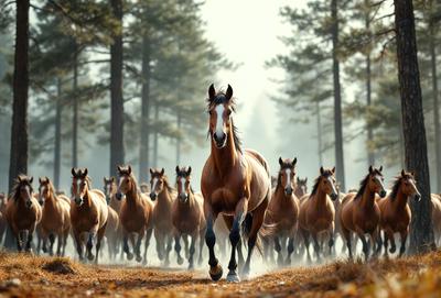 Primary subject: A brown horse running through a forest.

Setting/background: The horse is running through a forest with trees surrounding it.

Visual style: The image is a photo of the horse running through the forest.

Colors and mood: The dominant colors are brown and green, with a natural and lively atmosphere.