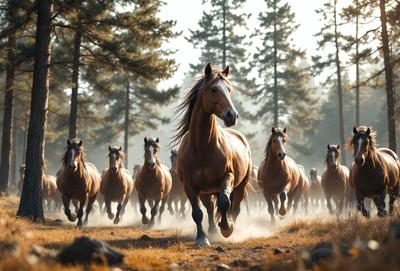Primary subject: A brown horse running through a field with other horses.

Setting/background: The field is surrounded by trees, creating a natural and serene environment.

Visual style: The image is a photo of the horse running through the field.

Colors and mood: The dominant colors are brown and green, with the brown horse standing out against the green field and trees. The overall atmosphere is energetic and dynamic, as the horse is in motion.