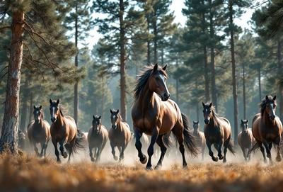 Primary subject: A brown horse running through a forest.

Setting/background: The horse is running through a forest with trees in the background.

Visual style: The image is a photo of the horse running through the forest.

Colors and mood: The image has a warm and natural color palette, with the brown horse and the green forest creating a sense of movement and freedom.