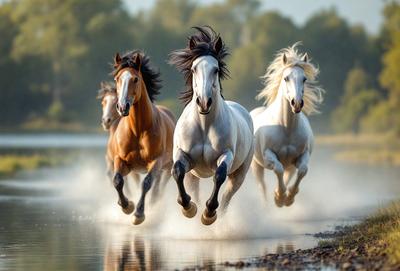 Primary subject: Horses
Setting/background: Water
Visual style: Photo
Colors and mood: White and brown