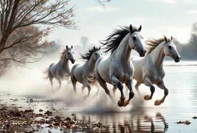 Primary subject: A group of horses running through a body of water.

Setting/background: The scene takes place in a body of water, possibly a river or a lake, with trees in the background.

Visual style: The image is a digital artwork, featuring a beautifully rendered scene of the horses running through the water.

Colors and mood: The image has a vibrant and lively atmosphere, with the horses' white coats contrasting against the water and the trees in the background.