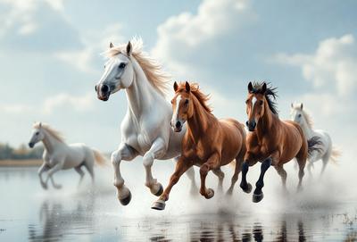 Primary subject: Horses
Setting/background: A body of water
Visual style: Digital art
Colors and mood: The image is in color, featuring a mix of white, brown, and black hues. The scene has a dynamic and energetic atmosphere, as the horses are captured in motion, running through the water.