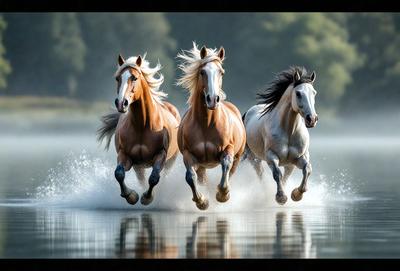 Primary subject: Four horses running through water.

Setting/background: The horses are running through a body of water, possibly a lake or a river.

Visual style: The image is a photo of the four horses in motion.

Colors and mood: The image has a vibrant and dynamic atmosphere, with the horses' movement and the water's reflection creating a sense of energy and motion.
