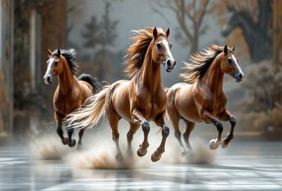 Primary subject: Four horses running in a row.

Setting/background: A dirt road or path.

Visual style: Digital art.

Colors and mood: The image is in black and white, giving it a classic and timeless feel.