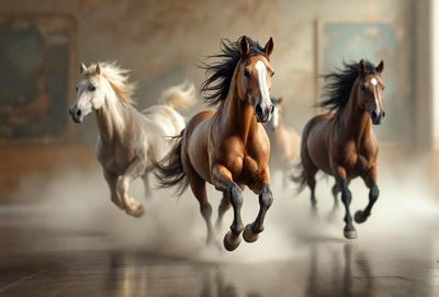 Primary subject: Horses
Setting/background: A room with a wall painting
Visual style: Digital art
Colors and mood: The image is in black and white, giving it a classic and timeless feel.