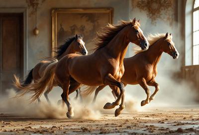 Primary subject: Four horses running in a dirt field.

Setting/background: The horses are running in a dirt field, with a painting in the background.

Visual style: The image is a photo of the horses running.

Colors and mood: The image has a warm and dynamic color palette, with the horses' brown coats and the dirt field creating a sense of movement and energy.