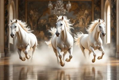 The primary subject of the image is a group of three white horses running in a room. The setting is a room with a wallpapered background, which adds a sense of elegance to the scene. The visual style of the image is a painting, which gives it a more artistic and detailed appearance. The colors in the painting are predominantly white, which creates a clean and bright atmosphere.