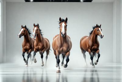 Primary subject: Four horses running in a row.

Setting/background: A white background, possibly a studio or a track.

Visual style: The image is a photo of the four horses running.

Colors and mood: The image is in black and white, giving it a classic and timeless feel.