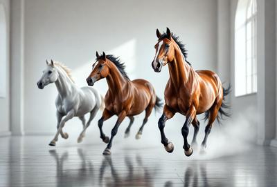 Primary subject: Three horses running in a white room.

Setting/background: The room is white, and the horses are running on a wooden floor.

Visual style: The image is a photo of the three horses in motion.

Colors and mood: The dominant colors are white and brown, and the overall atmosphere is energetic and dynamic.