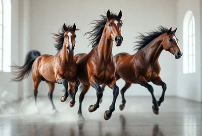 Primary subject: Three brown horses running in a row.

Setting/background: A white wall serves as the backdrop for the scene.

Visual style: The image is a digital artwork featuring three horses in motion.

Colors and mood: The dominant colors are brown, and the overall atmosphere is energetic and dynamic.