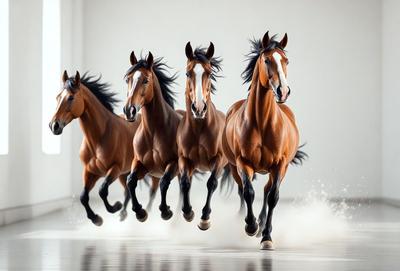 Primary subject: Horses
Setting/background: White wall
Visual style: Photo
Colors and mood: Black and white