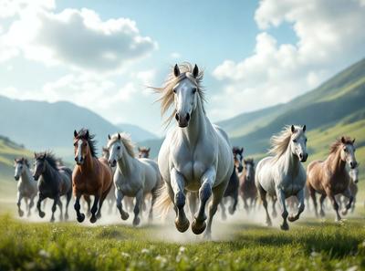 Primary subject: A white horse running in a field.

Setting/background: The horse is running in a grassy field with mountains in the background.

Visual style: The image is a photo of the horse running in the field.

Colors and mood: The image has a vibrant and lively atmosphere, with the white horse standing out against the green grass and the mountainous background.