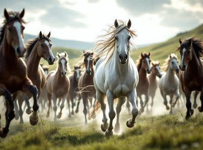 Primary subject: A white horse running in a field.

Setting/background: The horse is running in a grassy field with mountains in the background.

Visual style: The image is a photo of the horse running in the field.

Colors and mood: The image has a vibrant and lively atmosphere, with the white horse standing out against the green grass and the mountainous background.