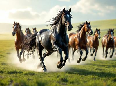 Primary subject: A group of horses running through a grassy field.

Setting/background: The horses are running through a grassy field, with a mountain in the background.

Visual style: The image is a photo of the horses running in the field.

Colors and mood: The image has a vibrant and lively atmosphere, with the horses' movement and the green grass creating a sense of energy and freedom.