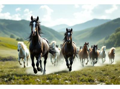 The primary subject of the image is a group of horses running through a grassy field. The setting is a mountainous area, with the horses galloping across a lush green field. The visual style is a photo, capturing the horses in motion. The colors and mood of the image are vibrant and energetic, as the horses are in motion and the field is lush and green.